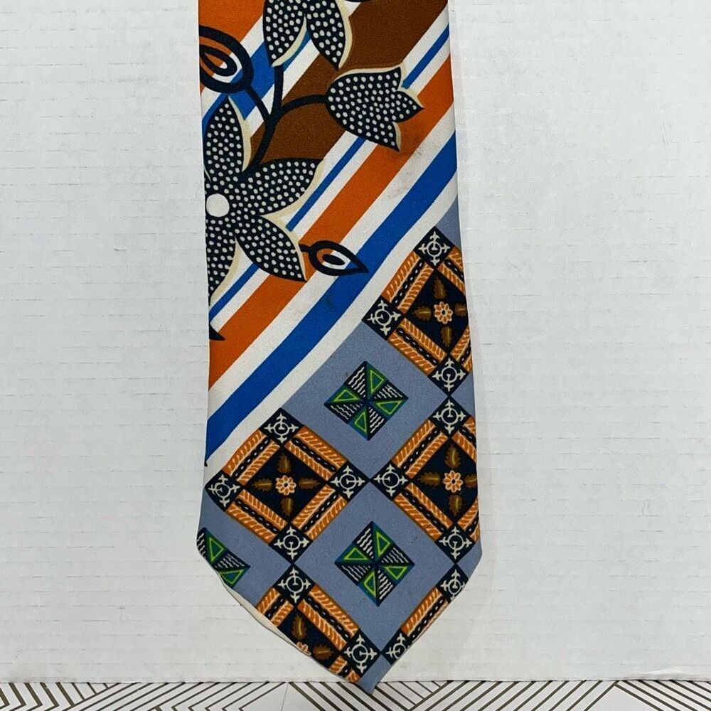 Marshall Field & Company Mens Geometric Floral Print Neck Tie Orange Black Blue